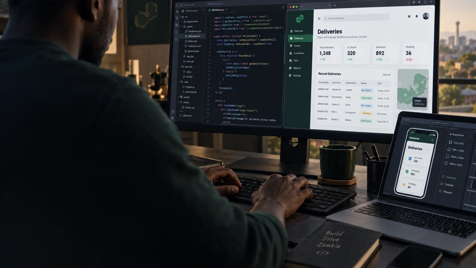Illustrative software developer working with code, a web application and a mobile preview